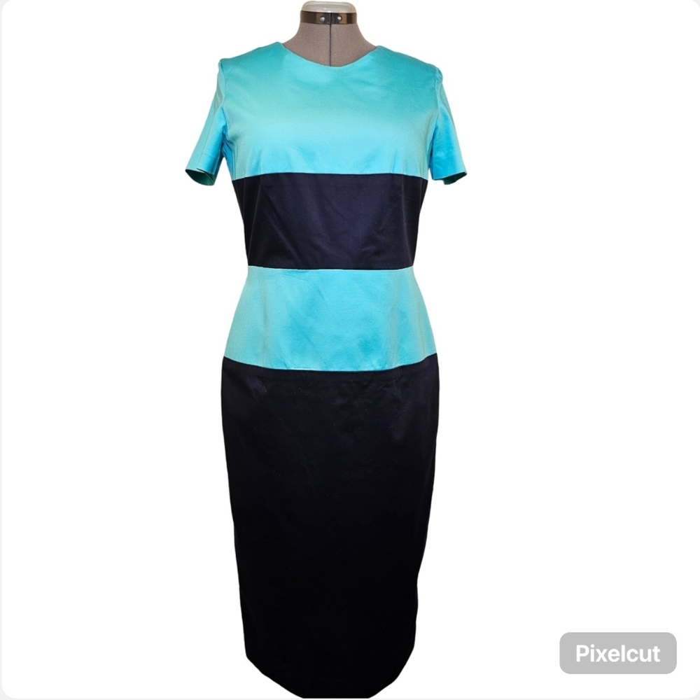Custom handmade blue navy color block lined tea-length midi dress size 12 US